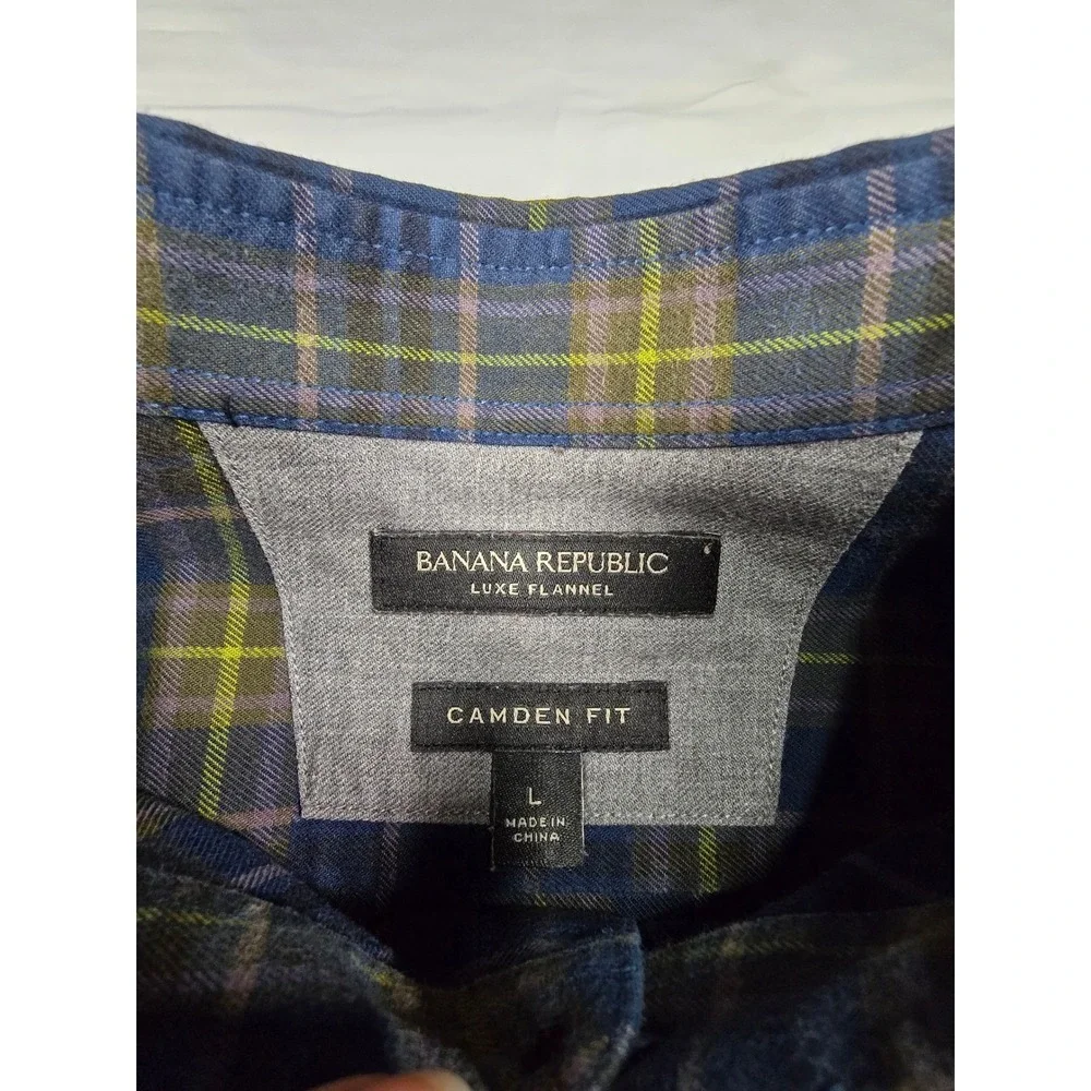 Banana Republic Luxe Flannel Camden Fit Mens Large Blue Plaid Button‎ Down Shirt
